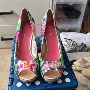 Lilly Pulitzer Floral Wedges - Pink, Green, Gold
